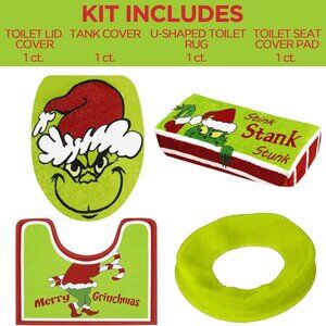 Grinch 4 Pk Bathroom Christmas Decor Toilet Lid Cover, Tank Cover Seat Cover Rug